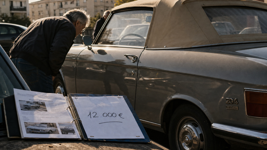 Peugeot 204 cabriolet gris, capote beige, prix 12 000 € sur fiche