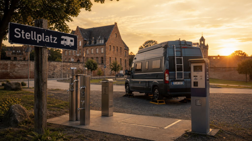 Allemagne en camping-car : aire Stellplatz au coucher du soleil, van
