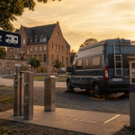 Allemagne en camping-car : aire Stellplatz au coucher du soleil, van