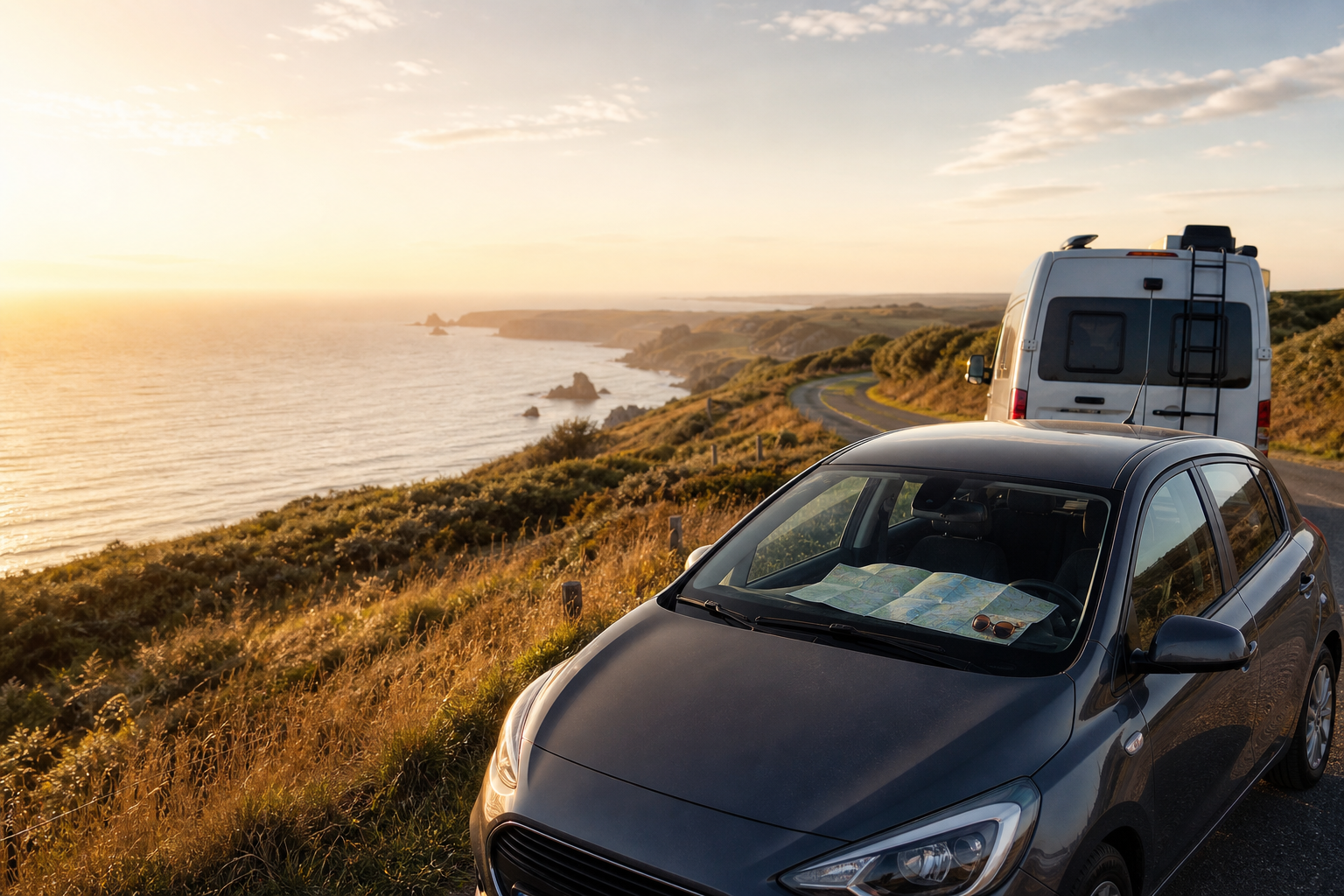 Voiture et van sur une route côtière au coucher du soleil