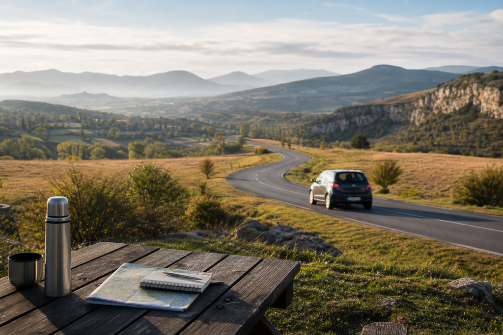 Route de campagne avec carte et voiture pour une escapade de week-end