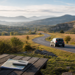 Route de campagne avec carte et voiture pour une escapade de week-end