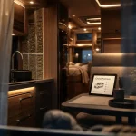Camping car haut de gamme intérieur premium, cuisine bois et éclairage ambiance
