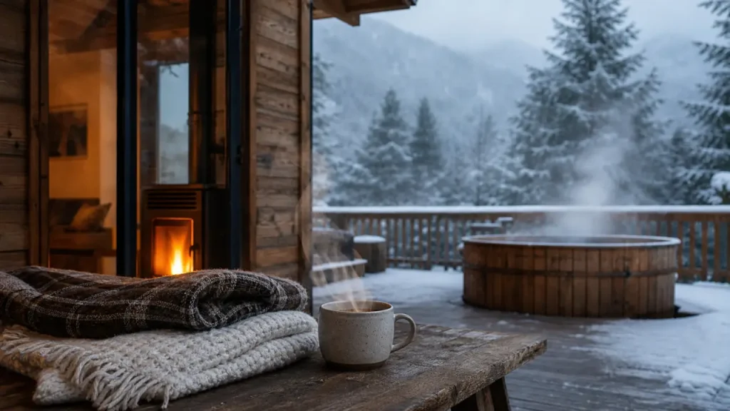 Chalet dans les Vosges : terrasse bois avec spa, neige et vue lac/forêt