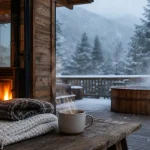 Chalet dans les Vosges : terrasse bois avec spa, neige et vue lac/forêt