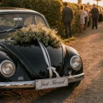 Coccinelle mariage 1962 : capot décoré et plaque Just Married