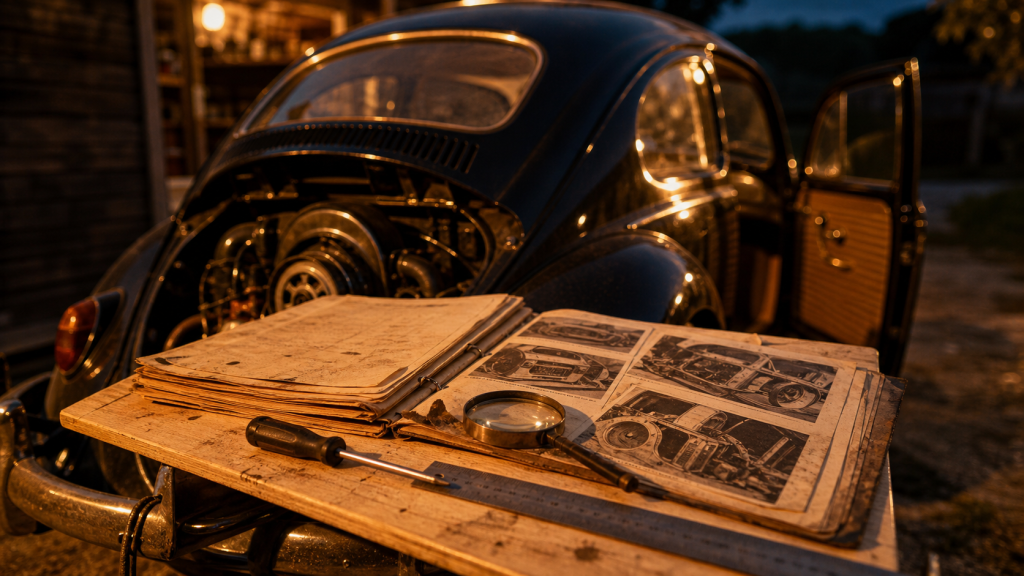 Coccinelle voiture ancienne noire Type 1 à vendre, capot au golden hour