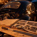 Coccinelle voiture ancienne noire Type 1 à vendre, capot au golden hour
