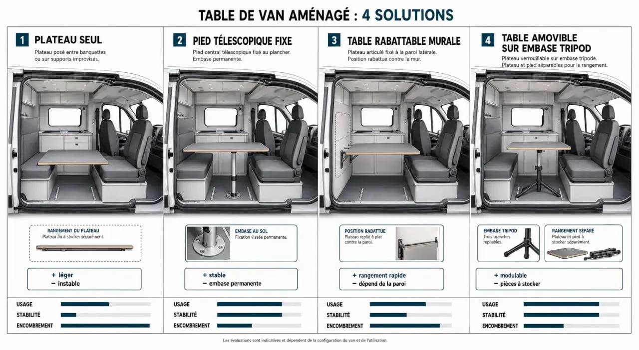 Table van aménagé : comparaison visuelle des formats plateau, pied, rabattable et amovible