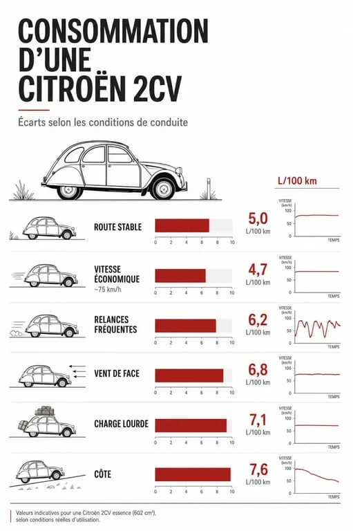 Consommation 2cv : comparaison visuelle selon la vitesse, la charge et le vent