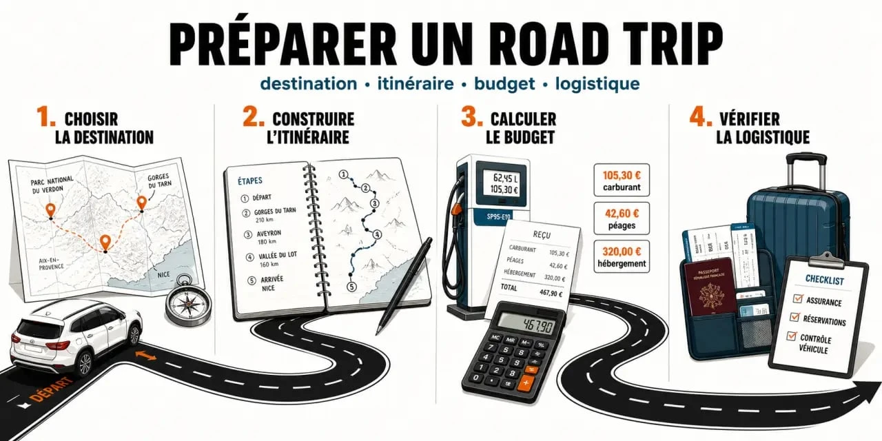 Préparer un road trip : illustration des étapes clés pour organiser destination, itinéraire, budget et logistique