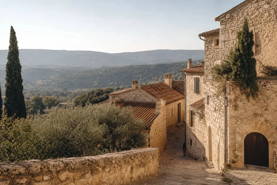Les plus beaux villages de France : village perché en pierre blonde dans un paysage provençal