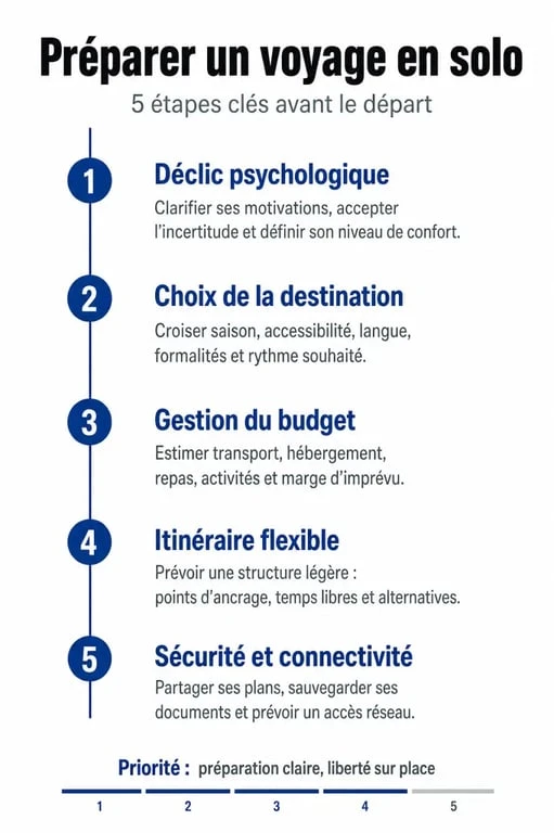 Infographie des étapes pour bien préparer un voyage en solo