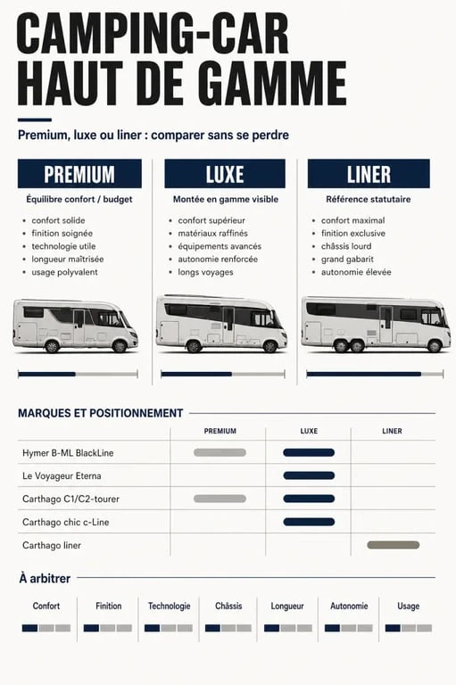 Infographie comparative sur le camping car haut de gamme, avec marques premium et critères de choix