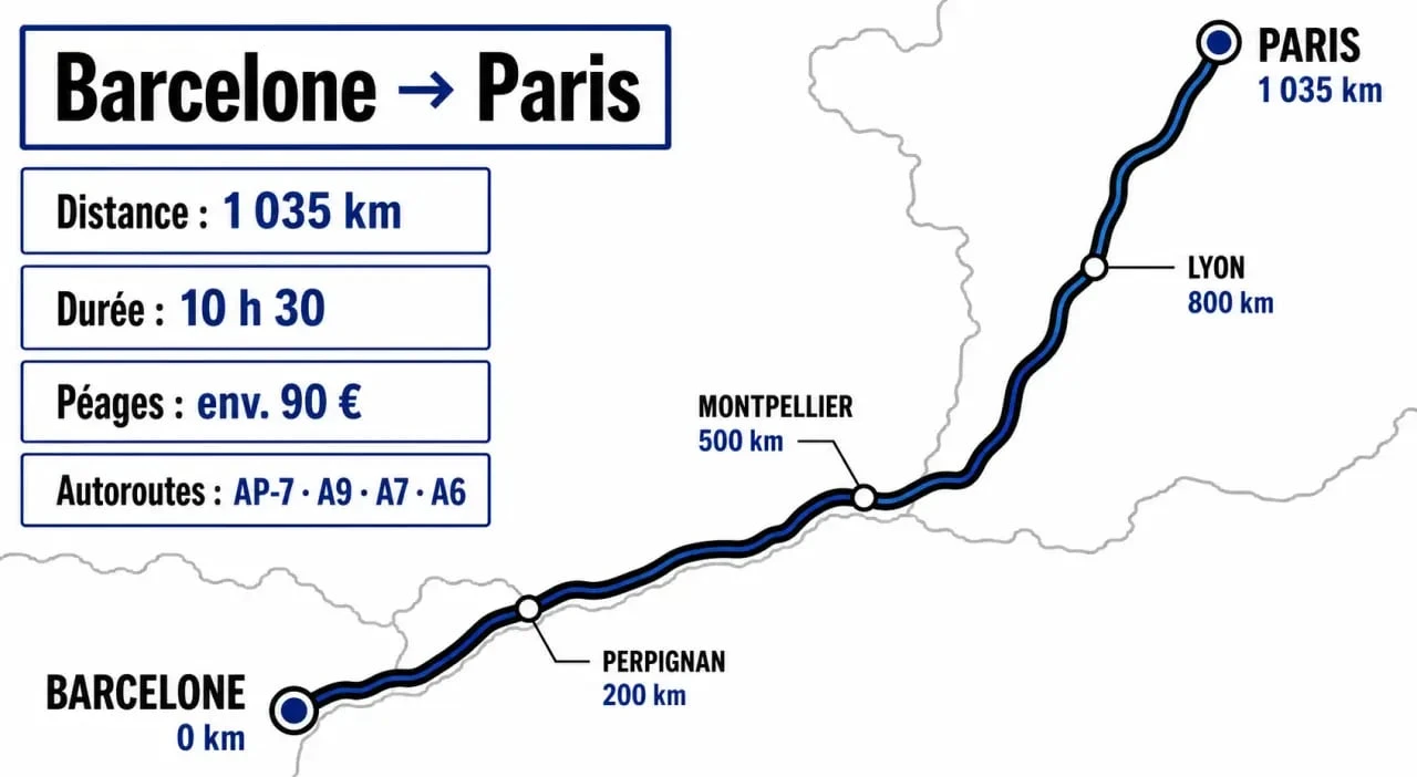 Barcelone Paris en coche : itinéraire routier entre Barcelone et Paris