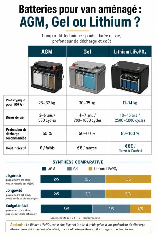 Comparatif des technologies de batteries pour van aménagé : AGM, Gel et Lithium