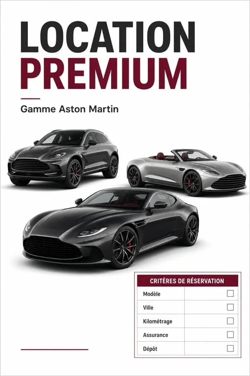 Location Aston Martin : illustration éditoriale comparant coupé, cabriolet et SUV pour choisir le bon modèle
