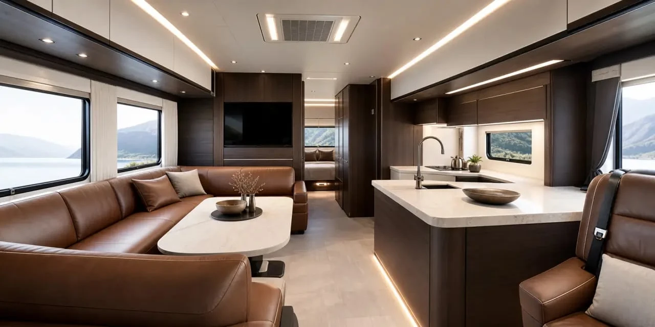 Intérieur de camping car de luxe interieur avec salon premium, matériaux nobles et éclairage indirect