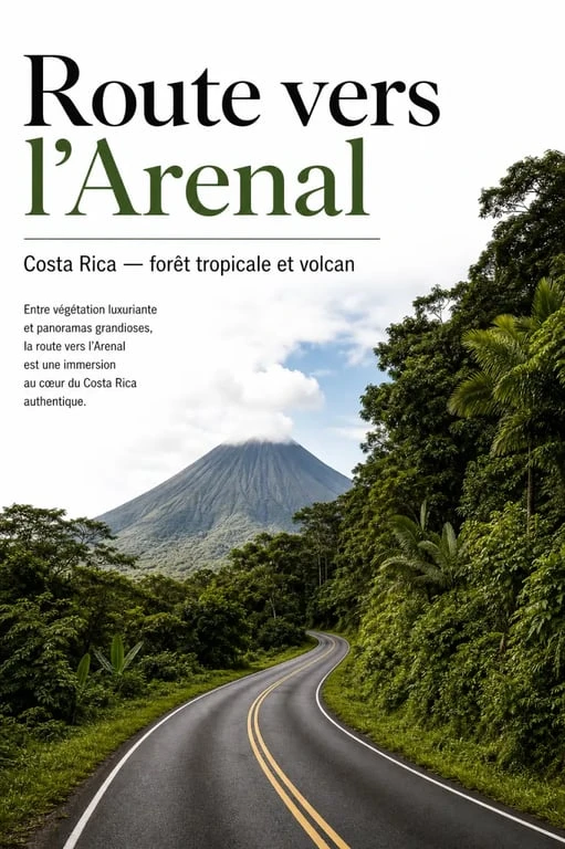 Road trip au Costa Rica : route panoramique traversant la forêt tropicale avec vue sur le volcan Arenal.