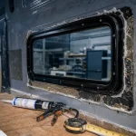 Fenetre van aménagé : découpe et pose du cadre sur tôle et isolant