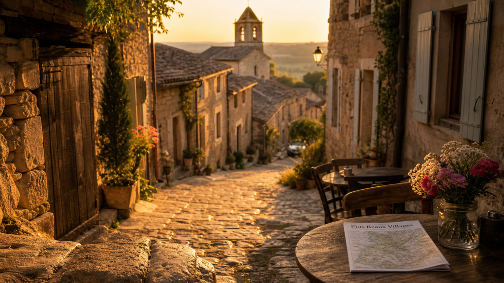 Les plus beaux villages de france : ruelle pavée dorée, pierres et clocher