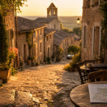 Les plus beaux villages de france : ruelle pavée dorée, pierres et clocher