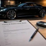 Location Aston Martin : contrat de location et clé, voiture noire en arrière-plan