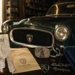 Peugeot ancienne voiture dans un garage, annonce imprimée pour choisir 205 GTi, 504 Coupé ou 404