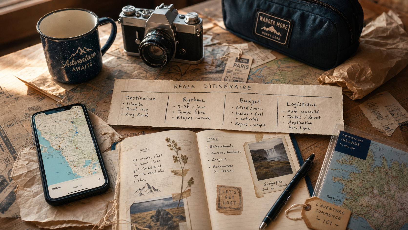 Préparer un road trip : carnet, carte et budget pour planifier.