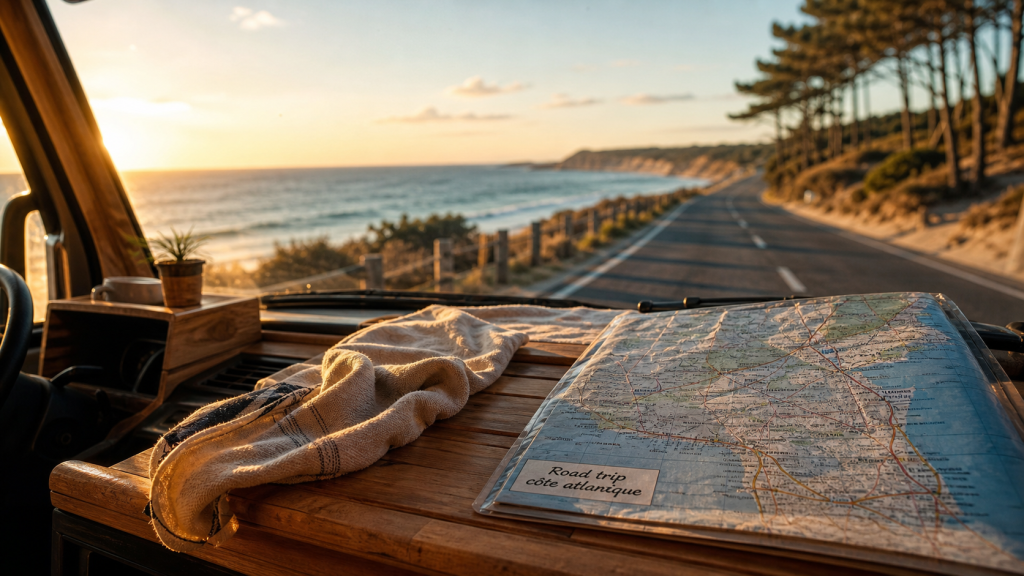 Road trip sur la côte atlantique : van et route côtière golden hour