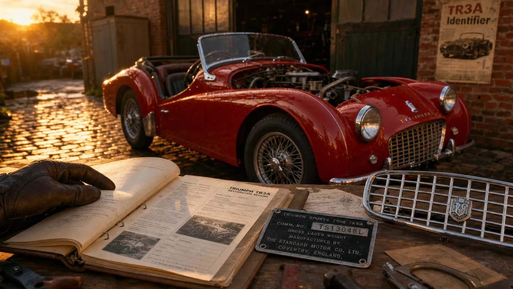 Triumph TR3A : identifier une Triumph TR3, capote rabattue, grille calandre visible