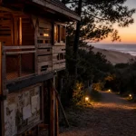 Vacances insolites France : cabane perchée en bois au coucher de soleil