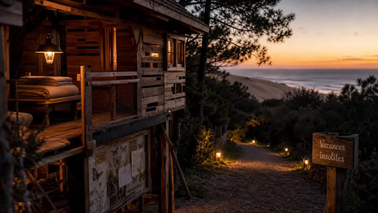 Vacances insolites France : cabane perchée en bois au coucher de soleil