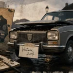 Voiture 204 Peugeot 204 d’occasion sur pavés humides, vue trois-quarts avant