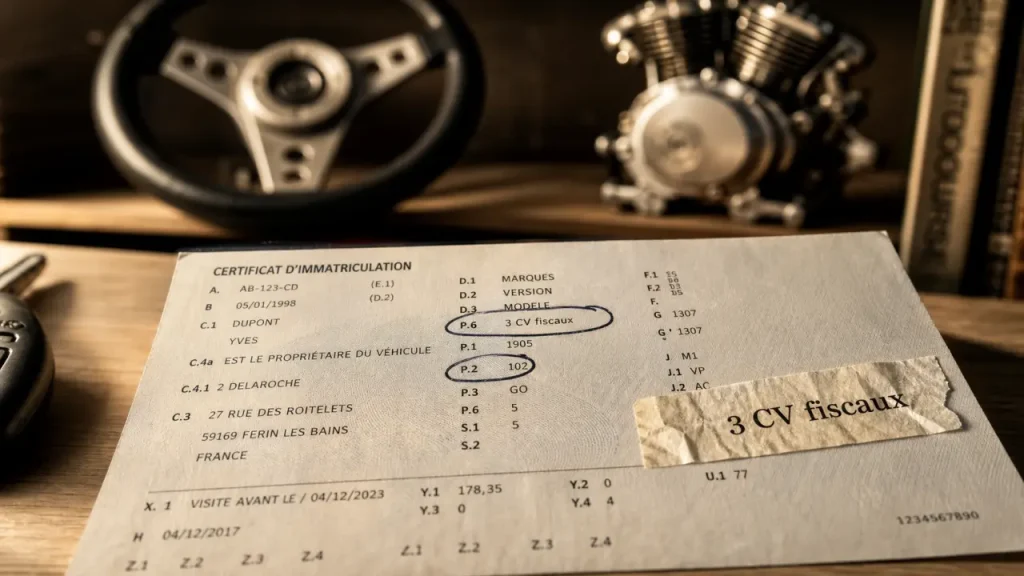 3 chevaux voiture : 3 CV fiscaux sur la carte grise, pas la puissance du moteur