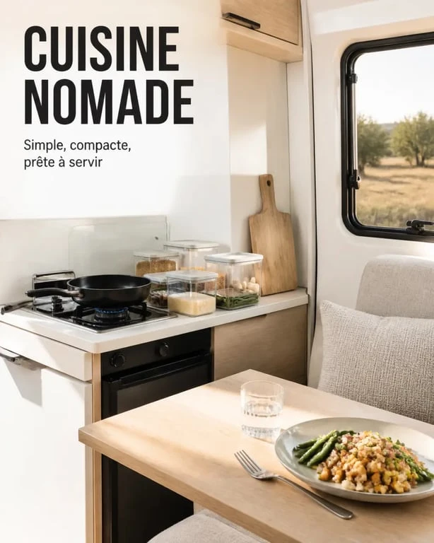 Repas camping car dans une kitchenette compacte avec poêle et ingrédients rangés