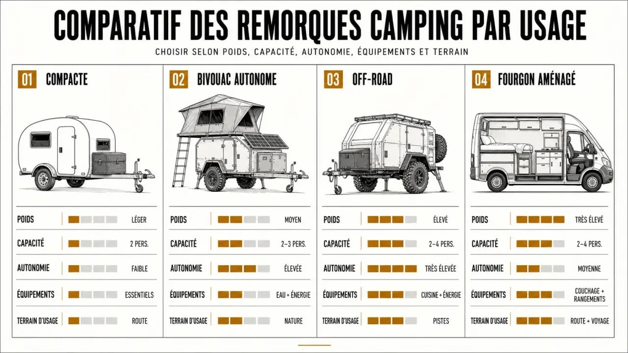 Comparatif des remorques camping selon poids, autonomie et usage