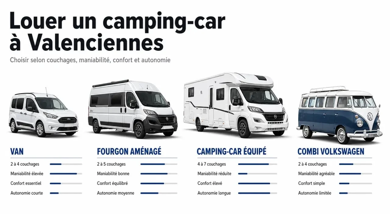Comparatif des véhicules pour une location camping car valenciennes entre van, fourgon, camping-car équipé et combi Volkswagen