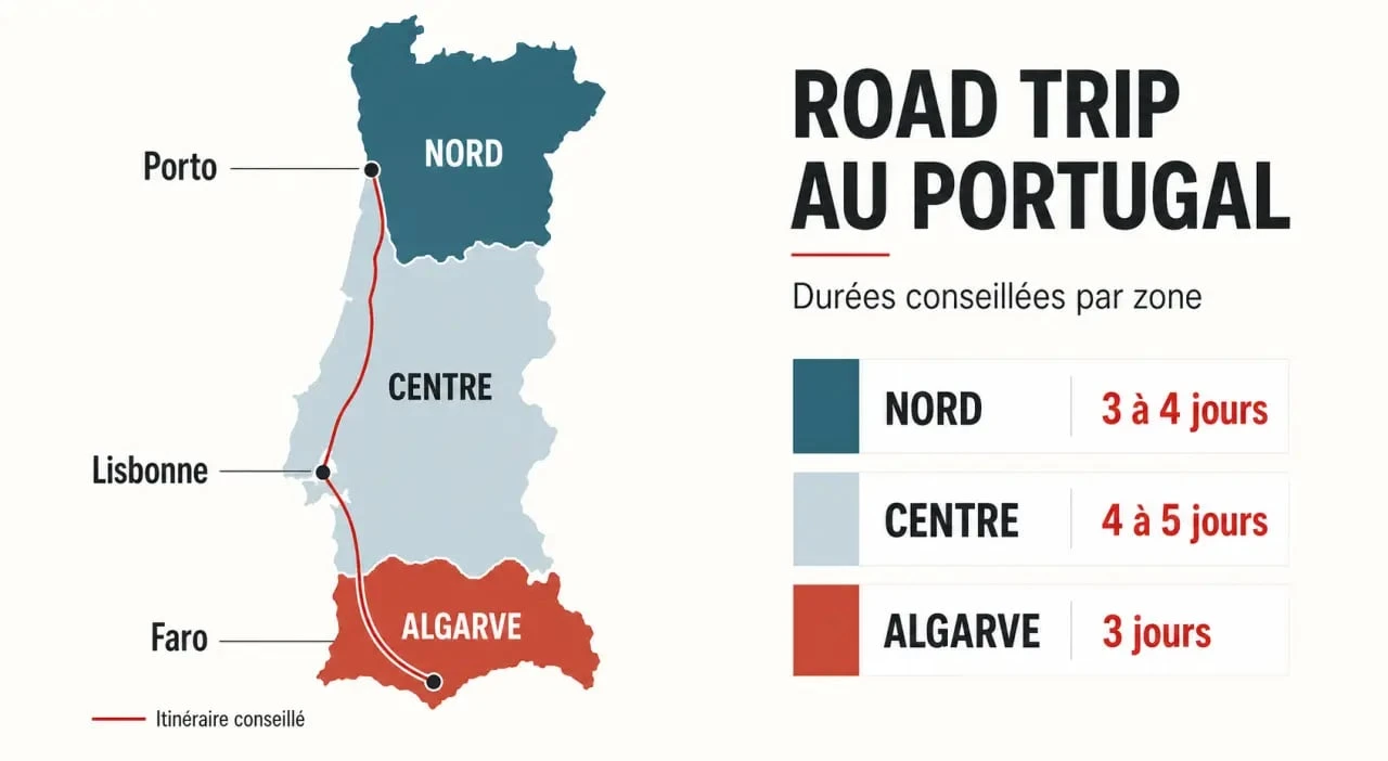 Road trip portugal : carte éditoriale des zones nord, centre et sud avec durées conseillées