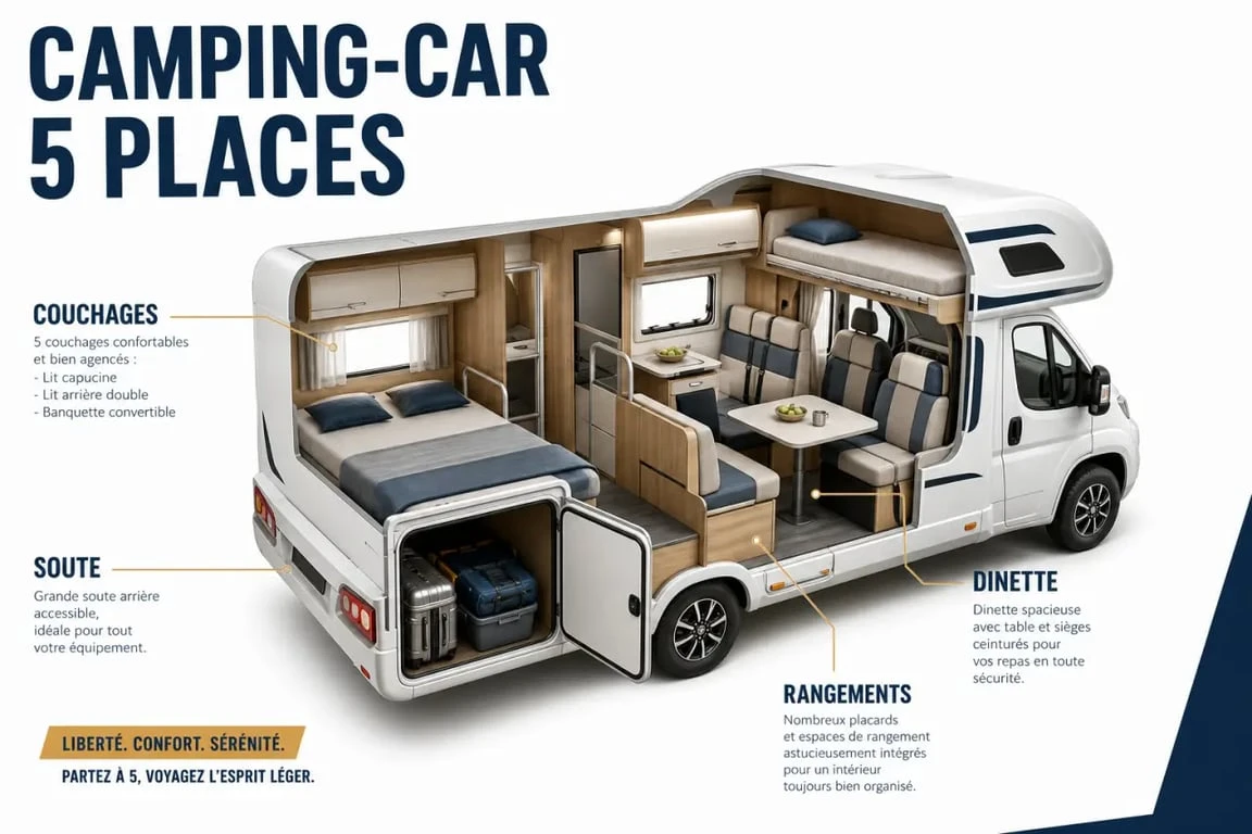 Location camping car 5 places : vue intérieure d’un véhicule familial avec couchages et rangements