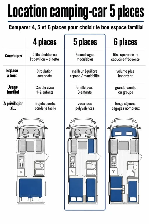 Location camping car 5 places : infographie comparant 4, 5 et 6 places pour choisir le bon format