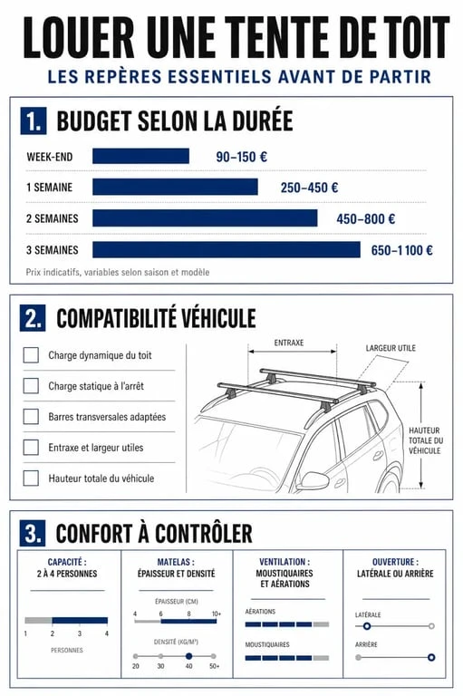 Infographie sur la location tente de toit : prix, compatibilité véhicule et critères de confort