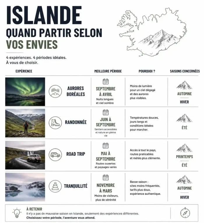 Infographie des meilleures saisons pour visiter l'Islande selon les activités et la météo