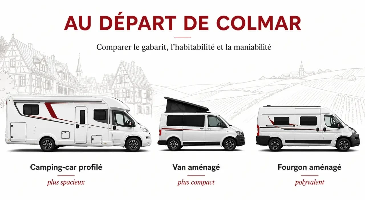 Location camping car Colmar : comparaison visuelle d’un camping-car, d’un van aménagé et d’un fourgon aménagé