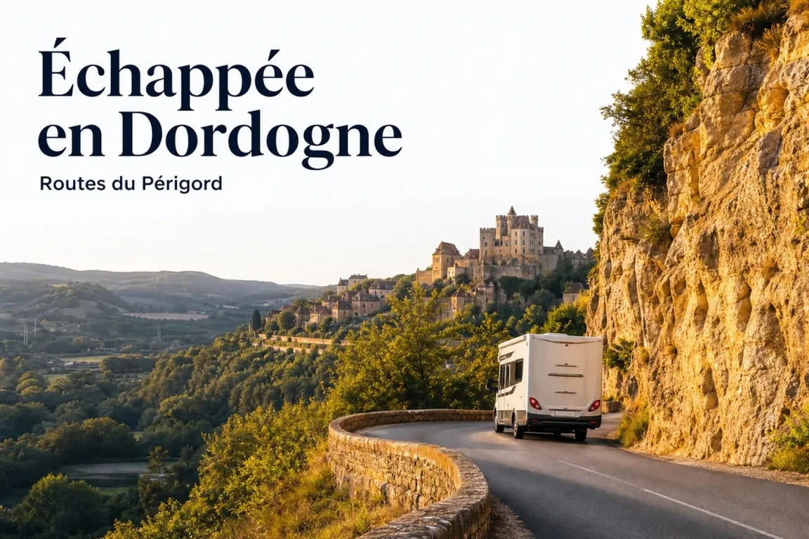 La Dordogne en camping car sur une route de vallée avec village perché et château médiéval