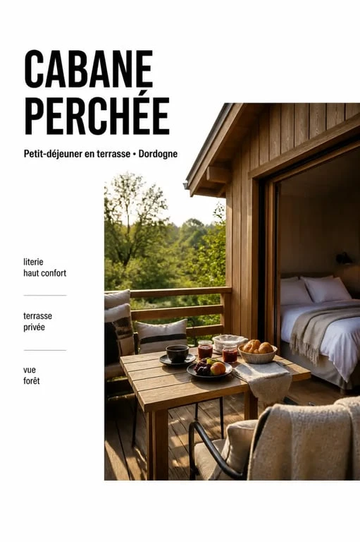Camping insolite dordogne : petit-déjeuner sur la terrasse d’une cabane perchée en Dordogne, ambiance nature et confort