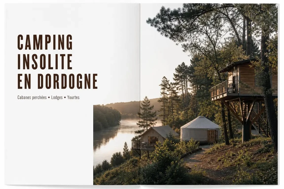 Camping insolite dordogne au cœur d’une forêt du Périgord avec cabanes perchées, lodges et rivière en arrière-plan