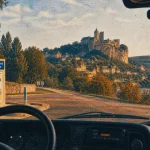 La dordogne en camping car au Périgord Noir, camping-car sur parking et village au loin