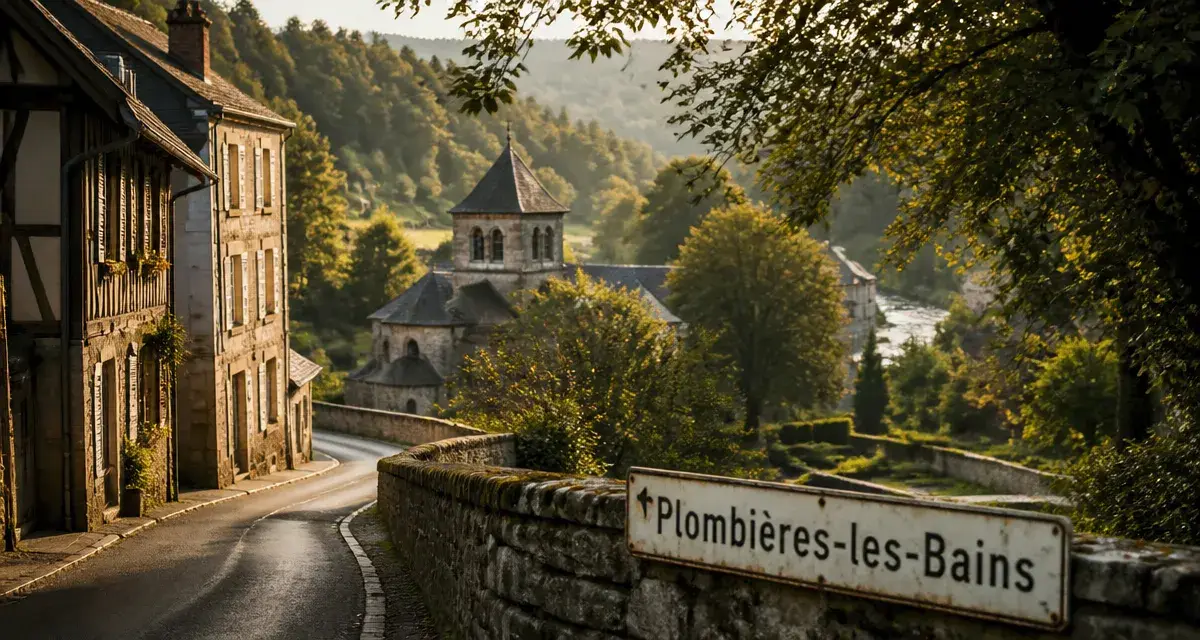 Plombières-les-Bains, plus beaux villages des Vosges, route en lacets et église romane