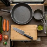 Repas camping car : poêle et casserole avec ingrédients sur la kitchenette